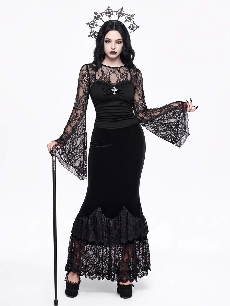 ROMWE Halloween Dark Gothic Cross Lace Patchwork Flared Sleeve Crew Neck Top For Women - Black - View 1