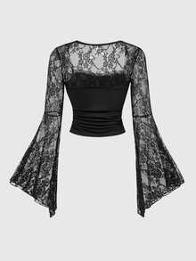 ROMWE Halloween Dark Gothic Cross Lace Patchwork Flared Sleeve Crew Neck Top For Women - Black - View 2