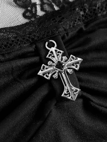 ROMWE Halloween Dark Gothic Cross Lace Patchwork Flared Sleeve Crew Neck Top For Women - Black - View 4
