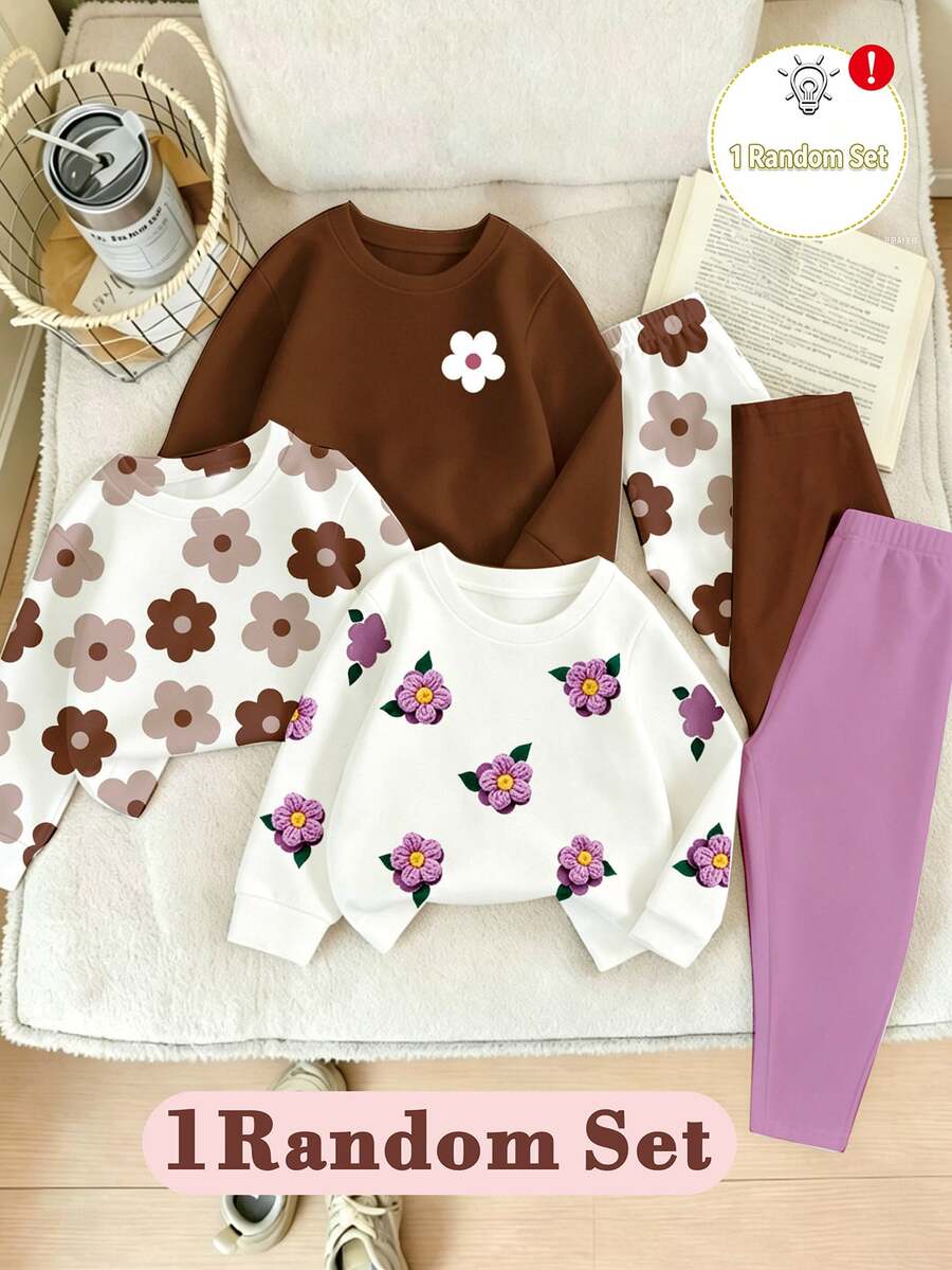 SHEIN 韓式溫柔花卉印花女童休閒兩件套,柔軟親膚圓領衛衣搭配彈性喇叭長褲,適合嬰幼女童春季/秋季日常外出、上學、旅行 - 彩色 - 查看 1
