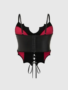 ROMWE Goth Black Sexy Y2K Lady PU Leather Splicing Spider Net Lace Bat-Shaped Black And Red Color Block Plus Size Corset Top With Underwire, For Summer - Multicolor - View 2