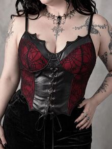 ROMWE Goth Black Sexy Y2K Lady PU Leather Splicing Spider Net Lace Bat-Shaped Black And Red Color Block Plus Size Corset Top With Underwire, For Summer - Multicolor - View 1