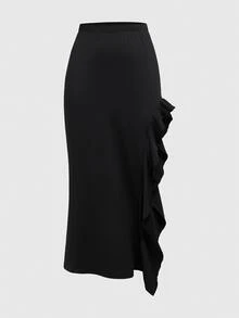 ROMWE Goth Women's Ruffled Slit Hem Skirt - Black - View 4
