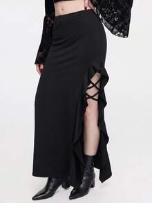 ROMWE Goth Women's Ruffled Slit Hem Skirt - Black - View 1