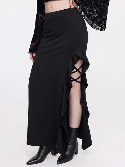 ROMWE Goth Women's Ruffled Slit Hem Skirt