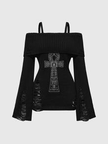 ROMWE Goth Spring/Summer Casual Black Graphic Halloween Punk Ripped Design Ankh Cross Embroidery Cinched Off Shoulder Camisole Sweater - Black - View 3