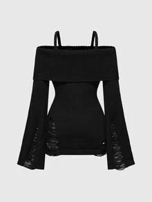 ROMWE Goth Spring/Summer Casual Black Graphic Halloween Punk Ripped Design Ankh Cross Embroidery Cinched Off Shoulder Camisole Sweater - Black - View 2