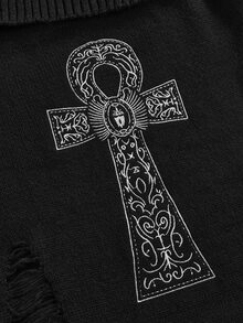 ROMWE Goth Spring/Summer Casual Black Graphic Halloween Punk Ripped Design Ankh Cross Embroidery Cinched Off Shoulder Camisole Sweater - Black - View 4