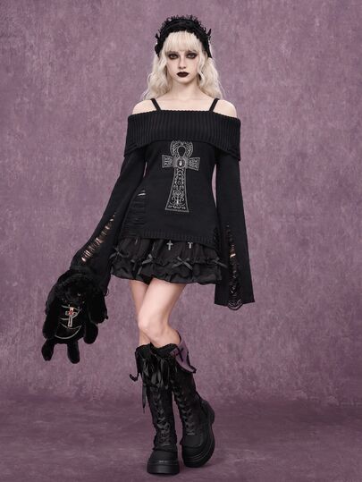 Goth Maglione canottiera con spalle scoperte, design ricamato a croce ankh e strappi, stile punk per Ognissanti