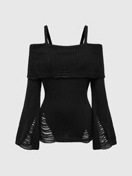 ROMWE Goth Fashionabla Punk Mörk Stil Distressed Design Midja Wrap Exposed Shoulder Sweater