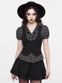 ROMWE Vintage Gothic Plaid Patchwork 2 In 1 Women Shirt Top, Back To School Summer - Black - View 1
