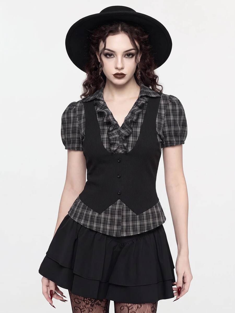 ROMWE Vintage Gothic Plaid Patchwork 2 In 1 Women Shirt Top, Back To School Summer - Black - View 1