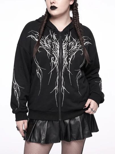 Goth Felpa con cappuccio con stampa gotica, manica lunga, chiusura lampo frontale e coulisse, per donne taglie forti