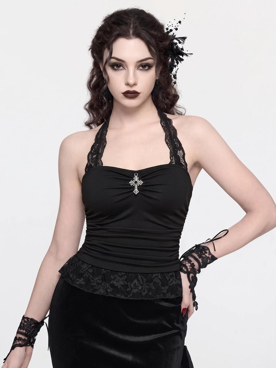 ROMWE Atasan Crop Top Halter Seksi Gaya Gothic Y2K Hitam Kasual untuk Pesta Karnaval Musim Semi/Panas dengan Hiasan Salib dan Pinggang Berkerut, Halloween - Hitam - View 1