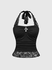 ROMWE Atasan Crop Top Halter Seksi Gaya Gothic Y2K Hitam Kasual untuk Pesta Karnaval Musim Semi/Panas dengan Hiasan Salib dan Pinggang Berkerut, Halloween - Hitam - View 3