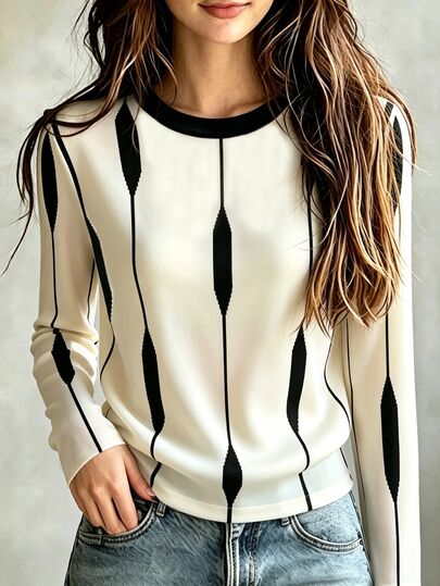 Breezaya Plus Size Women's Colorblock Round Neck Casual Elegant Versatile Long Sleeve T-Shirt Contrast Stripe Decor Design Minimalist Top Office Autumn