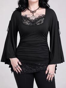 ROMWE Goth Spring/Summer Plus Size Loose Batwing Sleeve Lace Trim Draped Neck T-Shirt For Women - Black - View 1