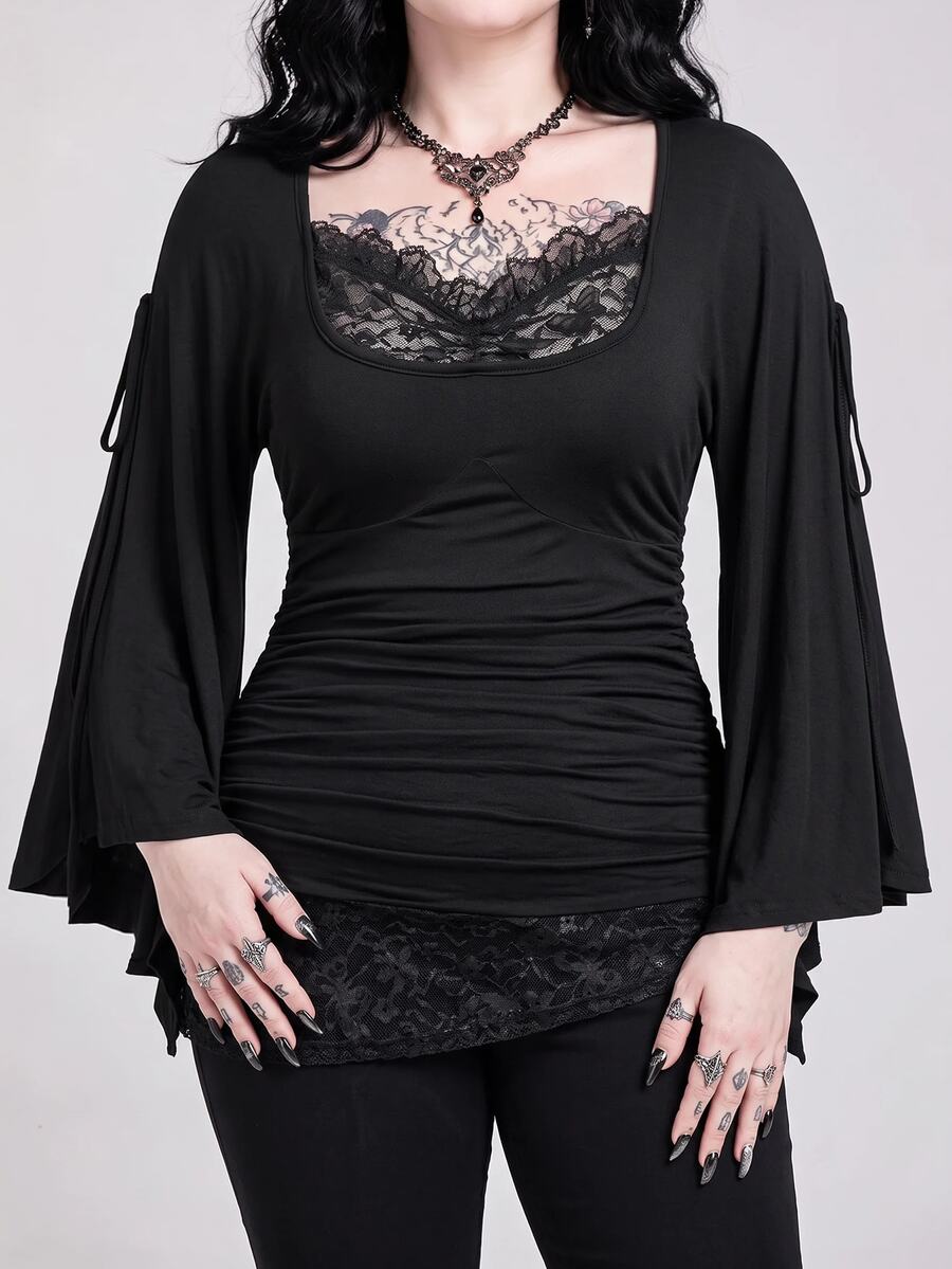ROMWE Goth Spring/Summer Plus Size Loose Batwing Sleeve Lace Trim Draped Neck T-Shirt For Women - Black - View 1