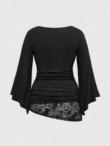 ROMWE Goth Spring/Summer Plus Size Loose Batwing Sleeve Lace Trim Draped Neck T-Shirt For Women - Black - View 4
