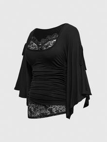 ROMWE Goth Spring/Summer Plus Size Loose Batwing Sleeve Lace Trim Draped Neck T-Shirt For Women - Black - View 2