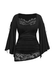 ROMWE Goth Spring/Summer Plus Size Loose Batwing Sleeve Lace Trim Draped Neck T-Shirt For Women - Black - View 3