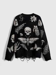 ROMWE Goth Suéter holgado de jacquard con calavera gótica y flores de polilla - Negro - Ver 2
