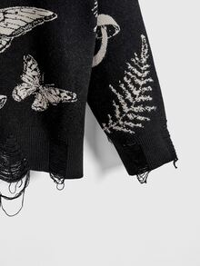 ROMWE Goth Suéter holgado de jacquard con calavera gótica y flores de polilla - Negro - Ver 4