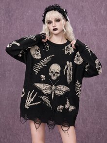 ROMWE Goth Suéter holgado de jacquard con calavera gótica y flores de polilla - Negro - Ver 1
