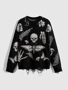 ROMWE Goth Suéter holgado de jacquard con calavera gótica y flores de polilla - Negro - Ver 3