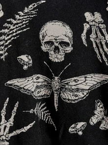 ROMWE Goth Suéter holgado de jacquard con calavera gótica y flores de polilla - Negro - Ver 5