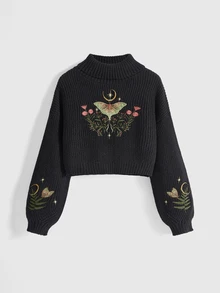 ROMWE Goth Spring Casual Flower Black Loose Fit Mushroom Embroidery Lantern Sleeve Pullover Sweater - Black - View 1