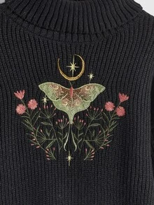 ROMWE Goth Spring Casual Flower Black Loose Fit Mushroom Embroidery Lantern Sleeve Pullover Sweater - Black - View 2