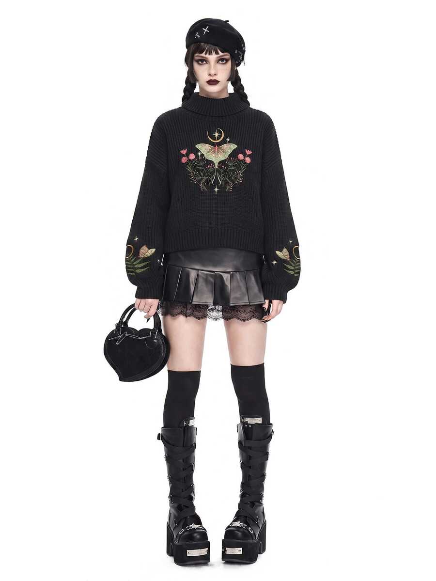 ROMWE Goth Spring Casual Flower Black Loose Fit Mushroom Embroidery Lantern Sleeve Pullover Sweater - Black - View 1