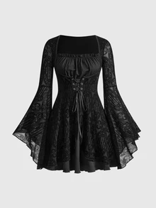 ROMWE Goth Spring Luxury Party Black Plus Size Grunge Punk Inspired Asymmetric Shoulder Loose Black & Grey Retro Striped T-Shirt, Plus Size - Black - View 1