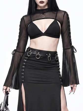 Goth Blusa de malla para mujer con cordón en la cintura y mangas acampanadas con agujeros para mirar