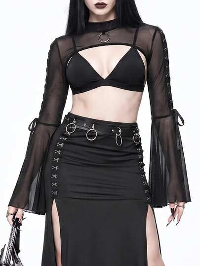 Goth Haut de maille femelle avec entrebâillement et manches évasées, cordon de serrage