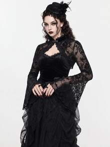 ROMWE Gothic Versatile Slit Bell Sleeve Women Retro Flocked Black Lace Top - Black - View 1
