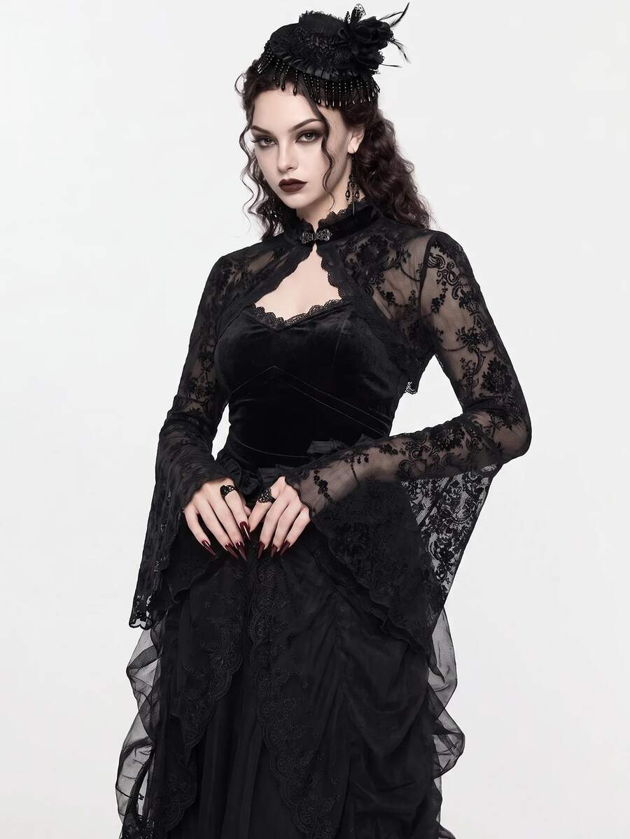 ROMWE Gothic Versatile Slit Bell Sleeve Women Retro Flocked Black Lace Top - Black - View 1