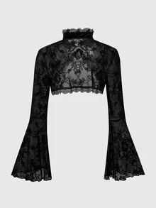 ROMWE Gothic Versatile Slit Bell Sleeve Women Retro Flocked Black Lace Top - Black - View 2