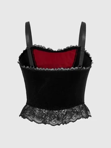 ROMWE Women's Gothic Sexy Spiderweb Mesh And Velvet Splicing Tight Crop Top Camisole - Burgundy - View 2
