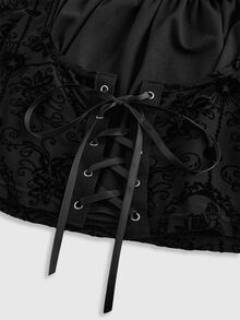 ROMWE Spring Luxury Black Gothic Palace Style Halloween Party Women's Velour Cross & Flower Pattern Mesh Insert Lace-Up Waist Top - Black - View 4