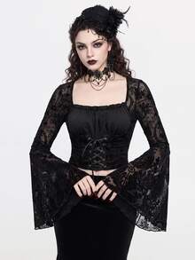 ROMWE Spring Luxury Black Gothic Palace Style Halloween Party Women's Velour Cross & Flower Pattern Mesh Insert Lace-Up Waist Top - Black - View 1