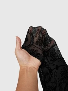 ROMWE Spring Luxury Black Gothic Palace Style Halloween Party Women's Velour Cross & Flower Pattern Mesh Insert Lace-Up Waist Top - Black - View 6