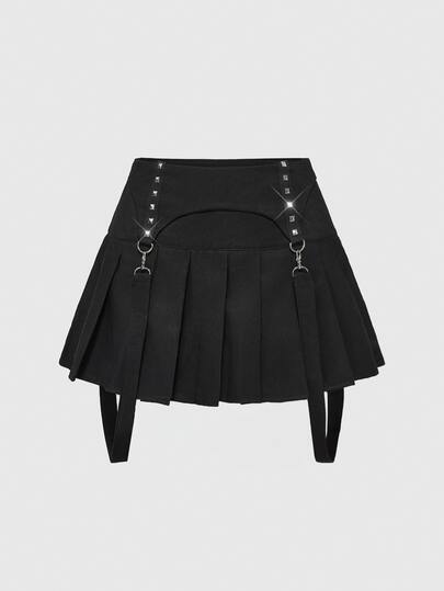 Goth Punk Style Studded Women's Low Waist Pleated Mini Skirt