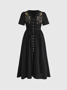 ROMWE Goth 哥特风夏季度假蛇纹印花深V领高开衩大码女式连衣裙 - 黑色 - 查看 1