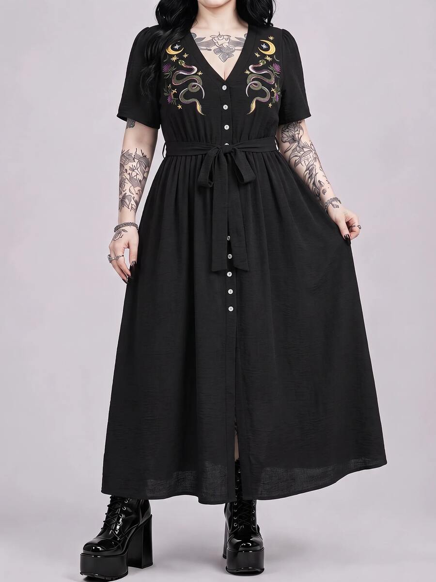 ROMWE Gothic Style Summer Vacation Snake Skin & Floral Print Deep V-Neck High Slit Plus Size Dress For Women - Black - View 1