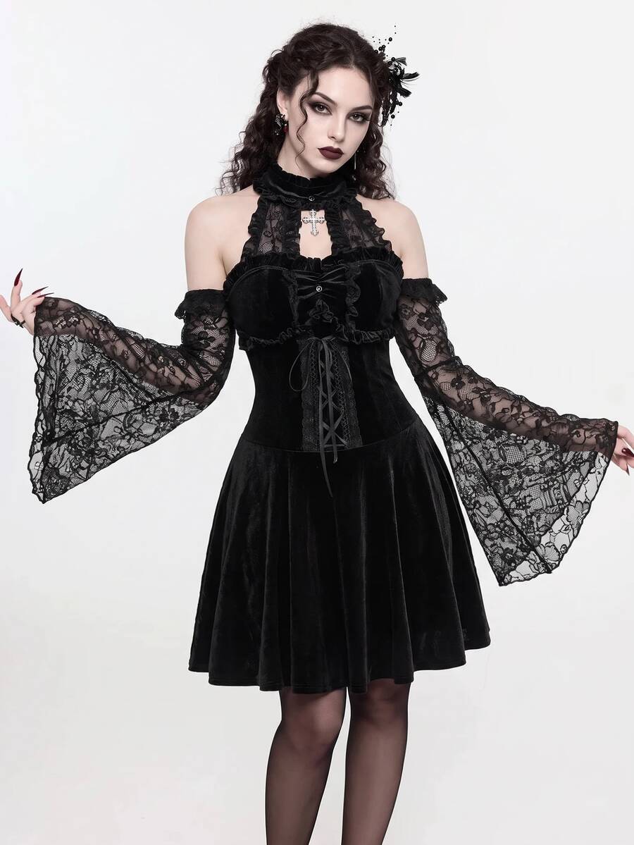 ROMWE Goth Elegant Stand Collar Velvet & Lace Patchwork Tie-Up Waist Flare Sleeve Mini Dress - Black - View 1