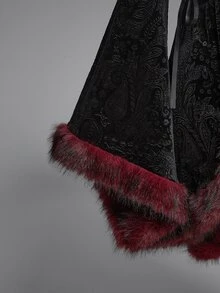 ROMWE Gothic Vintage Patchwork Faux Fur Collar Paisley Velvet Embossed Flare Sleeve Regular Jacket - Black - View 5