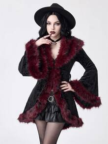 ROMWE Gothic Vintage Patchwork Faux Fur Collar Paisley Velvet Embossed Flare Sleeve Regular Jacket - Black - View 1