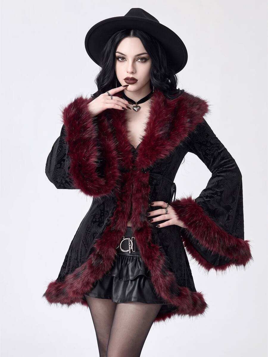 ROMWE Gothic Vintage Patchwork Faux Fur Collar Paisley Velvet Embossed Flare Sleeve Regular Jacket - Black - View 1